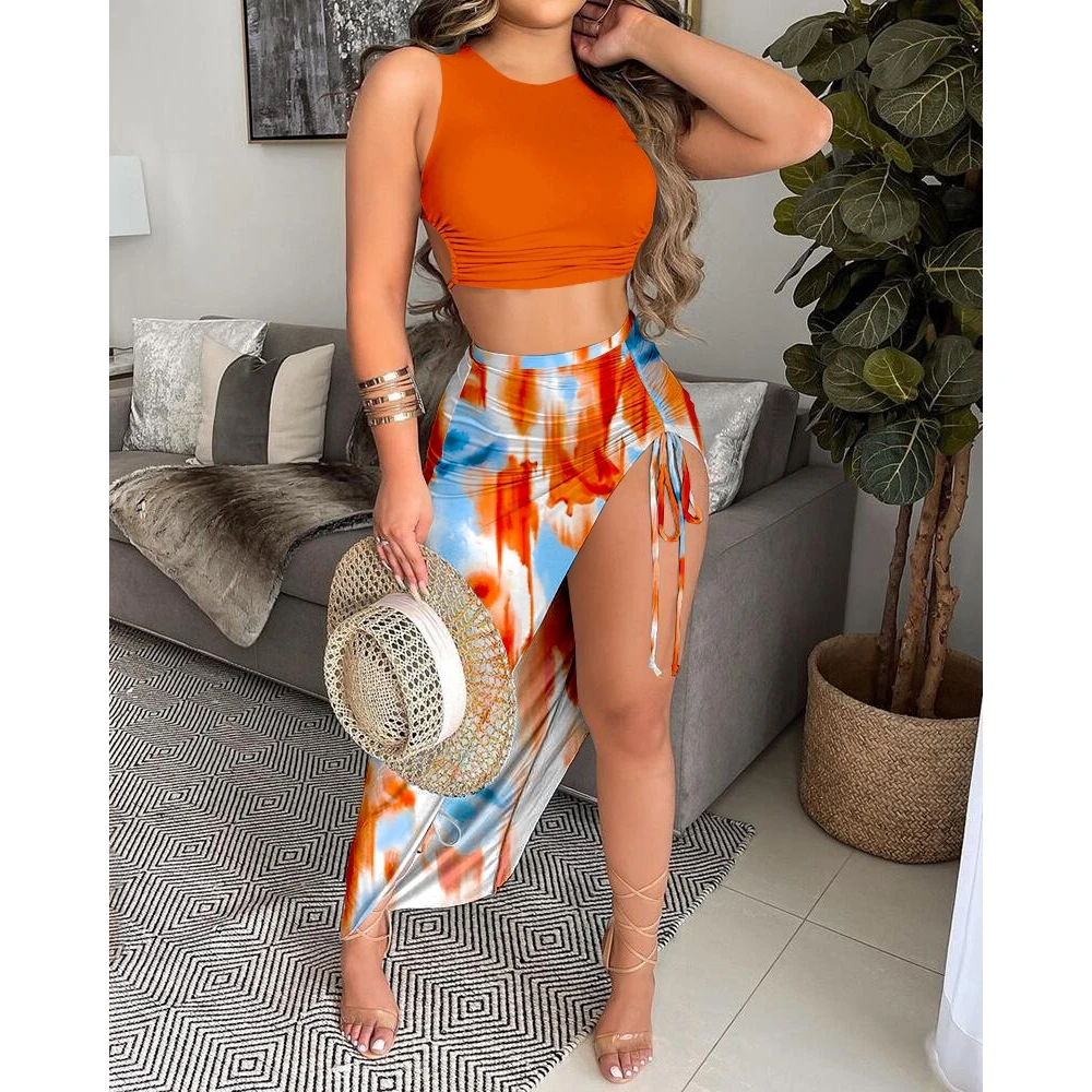 Top Trends: Casual Summer Women O-Neck Sleeveless Crop Top & Ruched Tie Dye Print Drawstring High Slit Skirt Sets Female Long Dress Sets Shoppable Styles