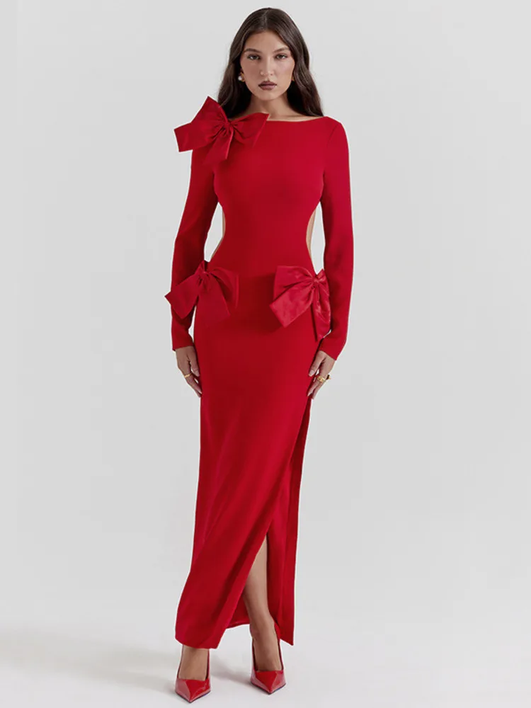 Top Trends: Mozision Elegant Bow Backless Sexy Maxi Dress For Women Fashion Red O Neck Long Sleeve Bodycon Club Party Long Dress New Shoppable Styles