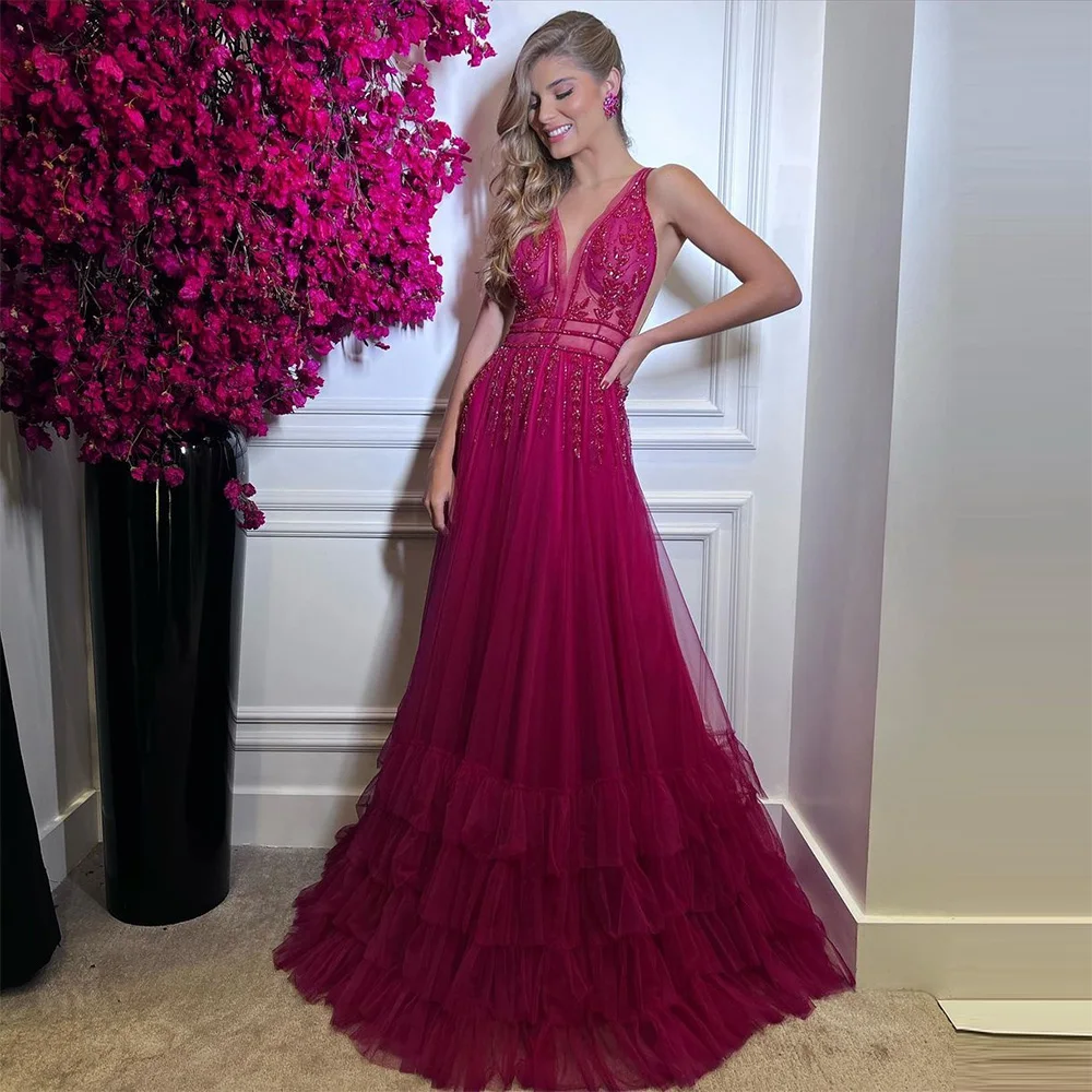 Top Trends: Sevintage Burgundy Tiered Ruffles Tulle Prom Dresses V-Neck Lace Appliques Beading Pleat Ruched A-Line Evening Gown Party Dress Shoppable Styles