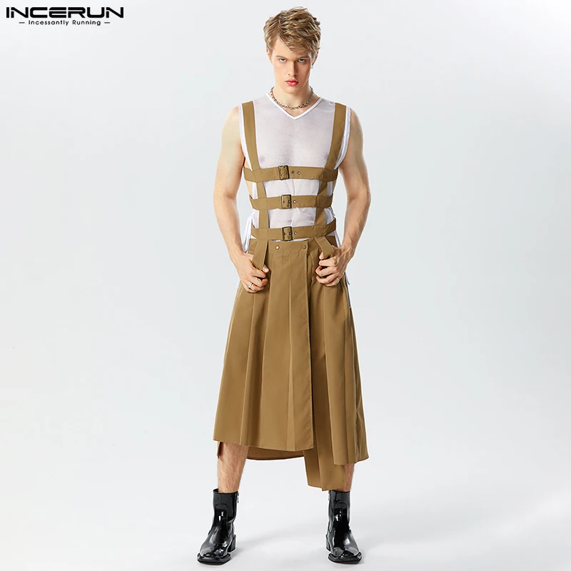 Top Trends: INCERUN 2023 American Style Mens Pleated Design Skirts Pants Casual Street Irregular Hem Solid Straps Half Skirt Jumpsuits S-5XL Shoppable Styles - Image 2