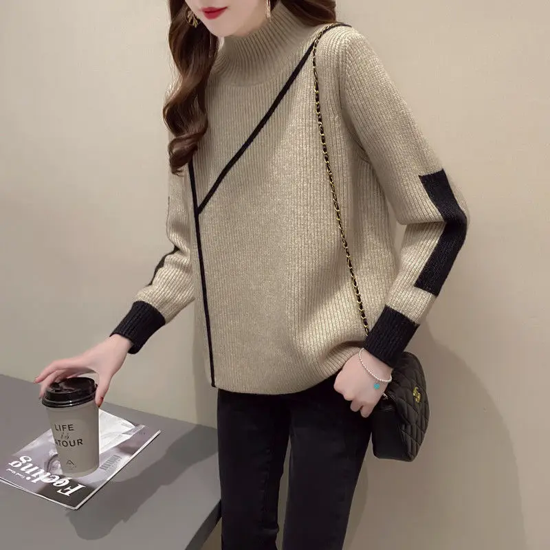 Top Trends: Women&#039;s Half High Neck Striped Fashion Sweater Autumn And Winter Loose Pullover Patchwork Long Sleeve Casual Knit Bottom Tops Shoppable Styles