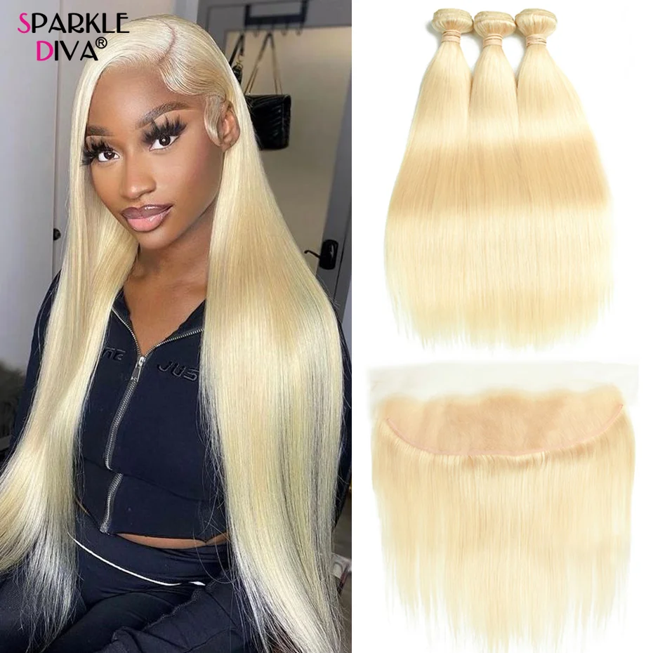 Top Trends: 613 Bundles With Frontal Brazilian Straight Hair 3 / 4 Bundles With Closure 40 Inches Remy Blonde Human Hair Bundles With Frontal Shoppable Styles