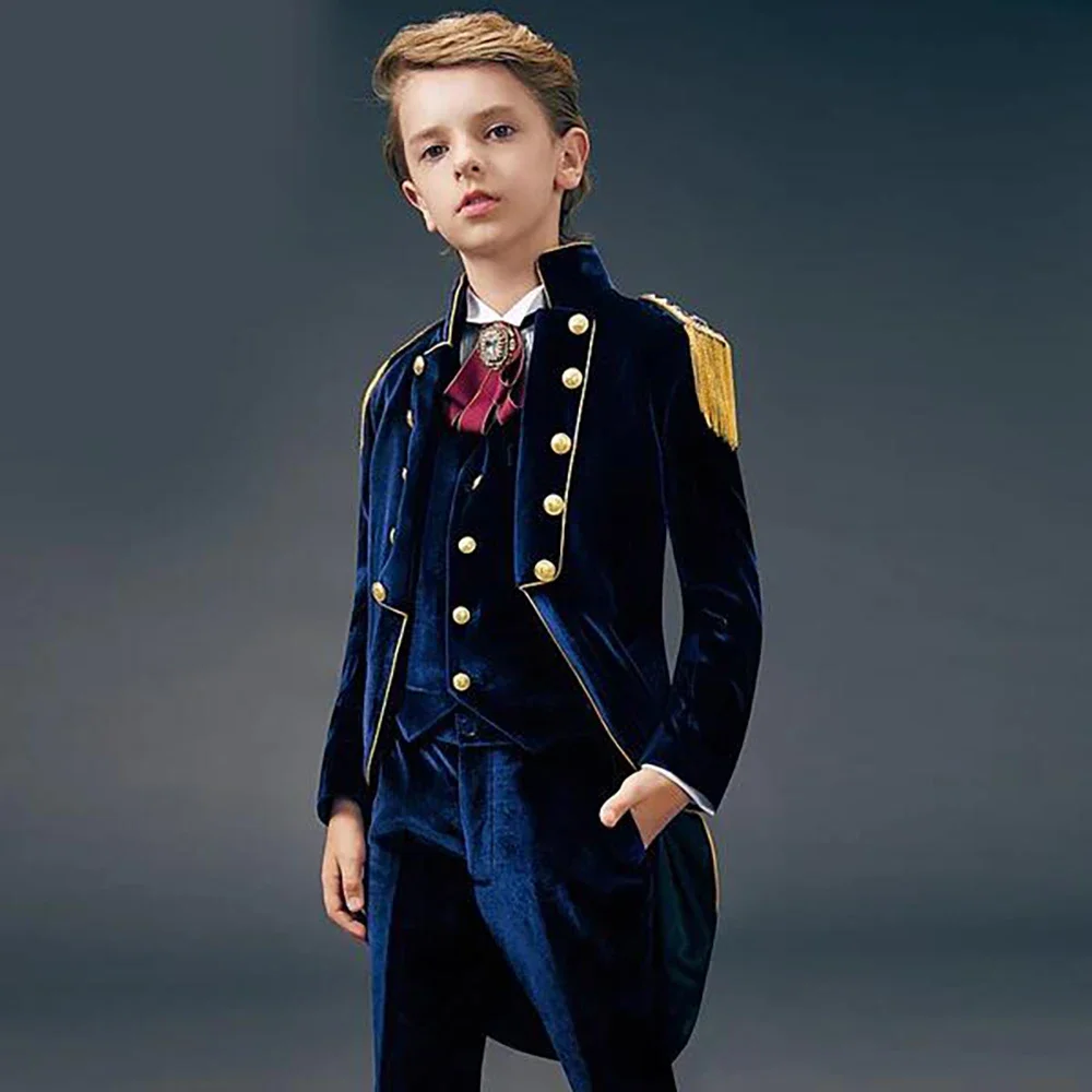 Top Trends: Blue Suede Slim Fit Boys' Suit Three Piece Set 2023 New Unique Design Children's Gentleman Handsome Clothing Shoppable Styles