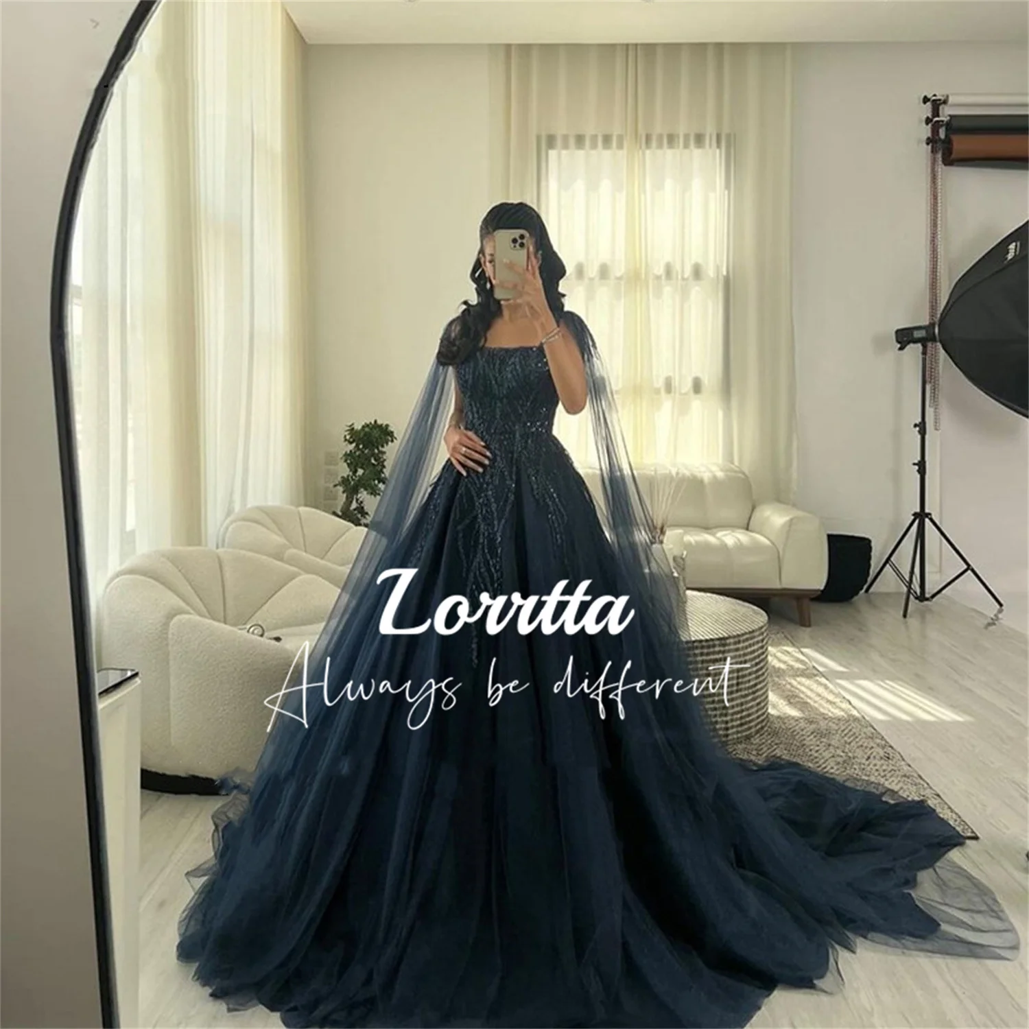 Top Trends: Lorrtta Navy Blue Tulle Dubai Arabic Women Evening Dresses Glitter Lace Tulle Prom Gowns Sparkly Formal Party Occasion Dress Shoppable Styles