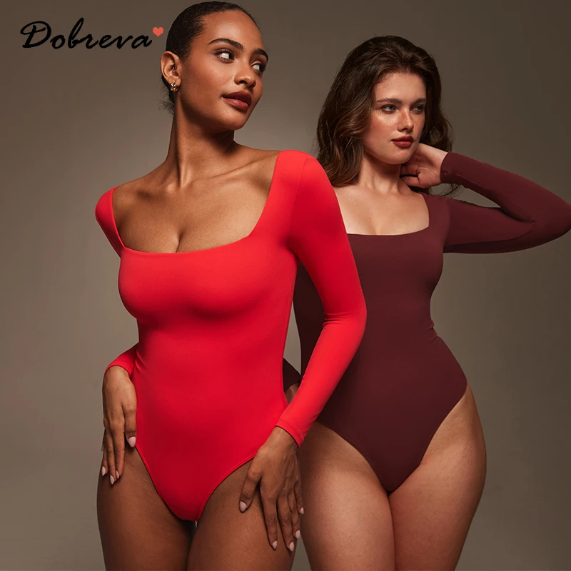 Top Trends: Women's Cozzifree Sqaure Neck Long Sleeve One Piece Bodysuit Sexy Backless Double Lined Basic Tops Bodysuits Black White Red Shoppable Styles