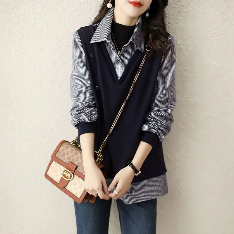 Top Trends: Stylish Lapel Button Spliced Fake Two Pieces Striped Blouse Women Clothing 2022 Autumn New Casual Pullovers Loose Commute Shirt Shoppable Styles