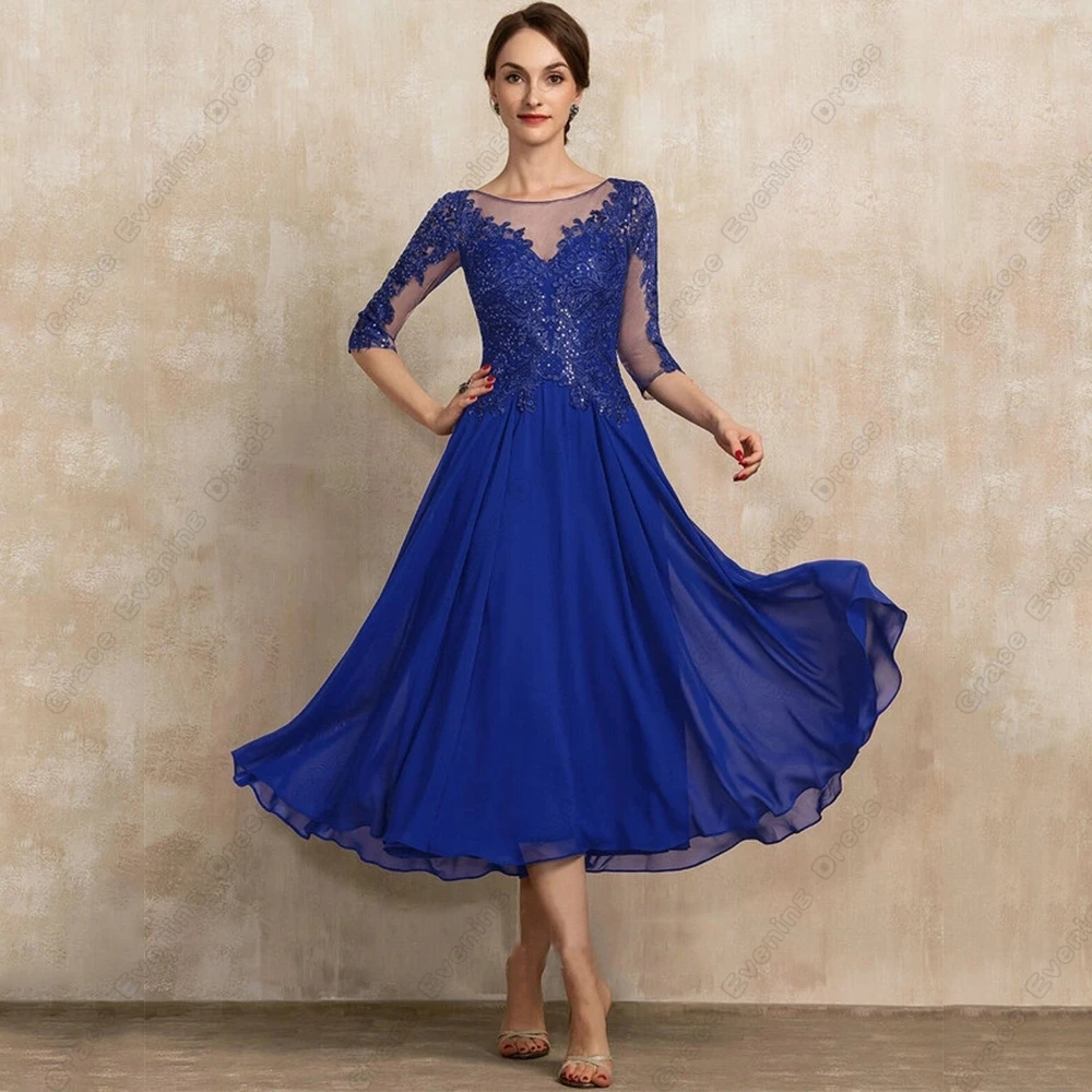 Top Trends: Royal Blue Scoop Mother Of Bride Dresses With Lace Chiffon Tea Length Wedding Party Dresses For Women 2023 Summer Robe De Shoppable Styles