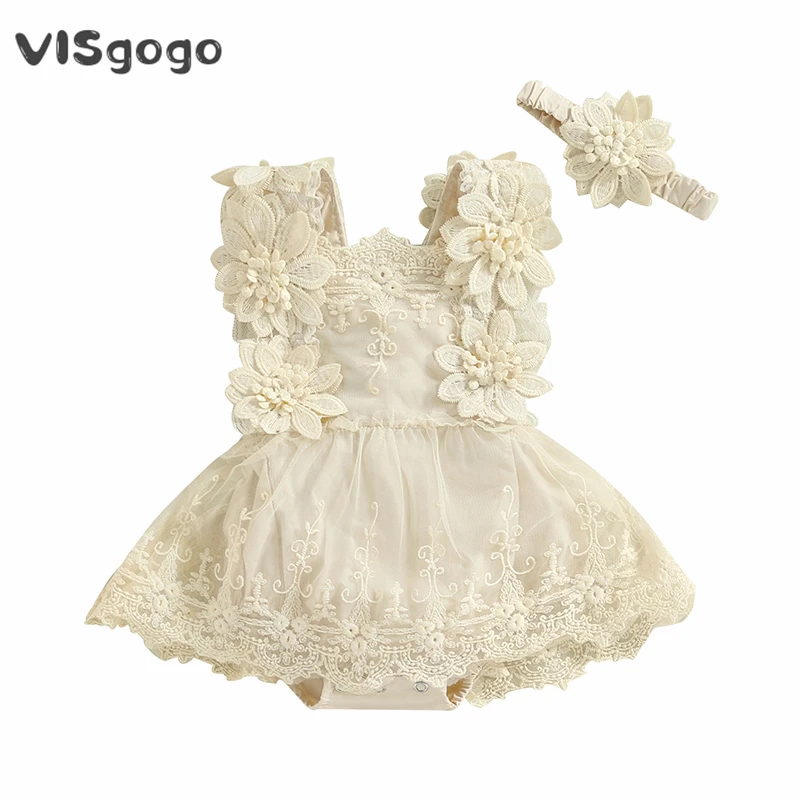 Top Trends: VISgogo Baby Girls Romper Dress Summer Sleeveless Square Neck Floral Lace Embroidery Party Princess Bodysuit Headband Outfit Shoppable Styles