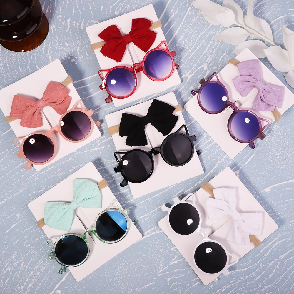 Top Trends: 2Pcs / Set Seaside Headwear Baby Bows Headband Cat Shape Lovely Sunglasses Elastic Nylon Hair Bands Protection Glasses Accessories Shoppable Styles