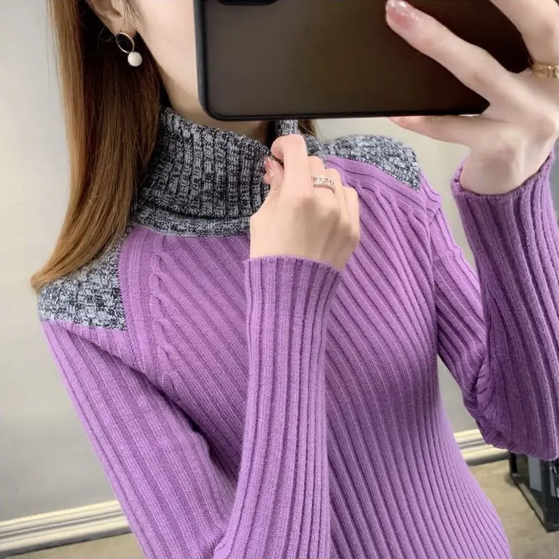 Top Trends: Fashion Turtleneck Knitted Spliced Color Sweater Women&#039;s Clothing 2022 Autumn New Casual Pullovers Loose All-match Tops Shoppable Styles