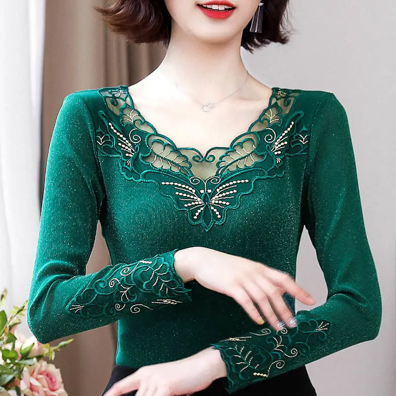 Top Trends: Elegant Bright Silk Spliced Embroidery Gauze Blouses Women Clothing 2023 Autumn Loose All-match Pullovers Office Lady Shirts Shoppable Styles