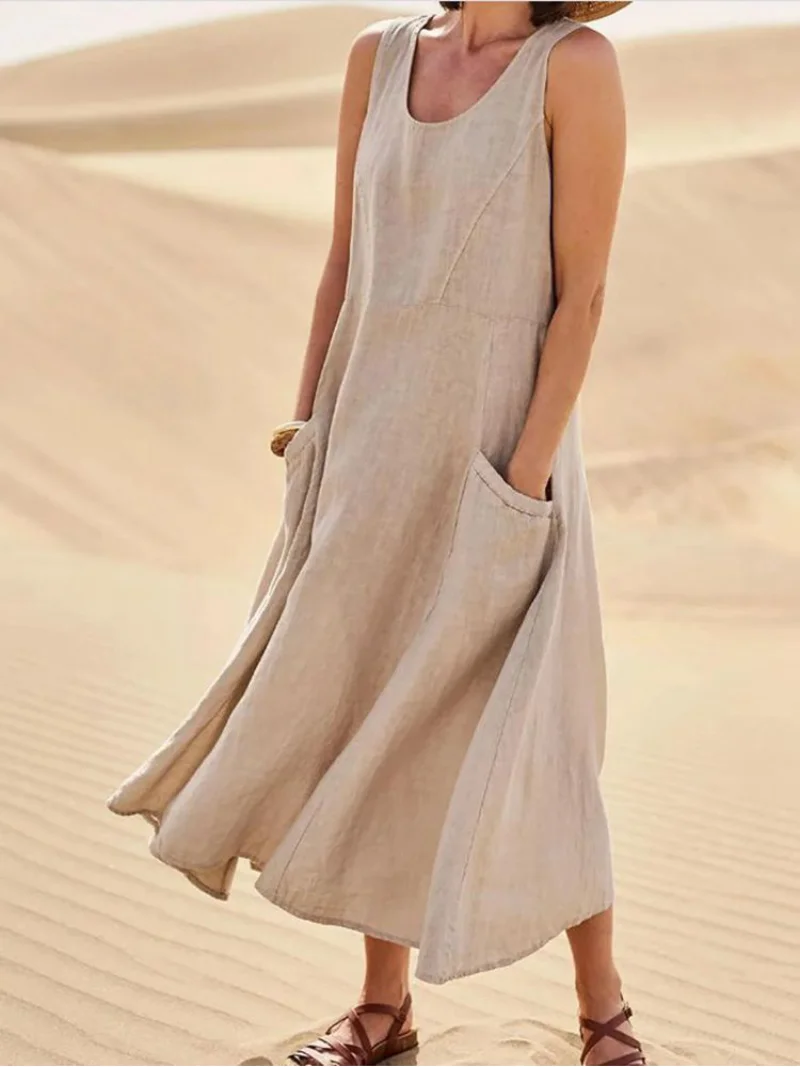 Top Trends: Vintage Sleeveless Tank Dress Women Elegant Round Neck Solid Cotton Linen Vestidos Summer Casual Loose Pockets Long Dresses Shoppable Styles