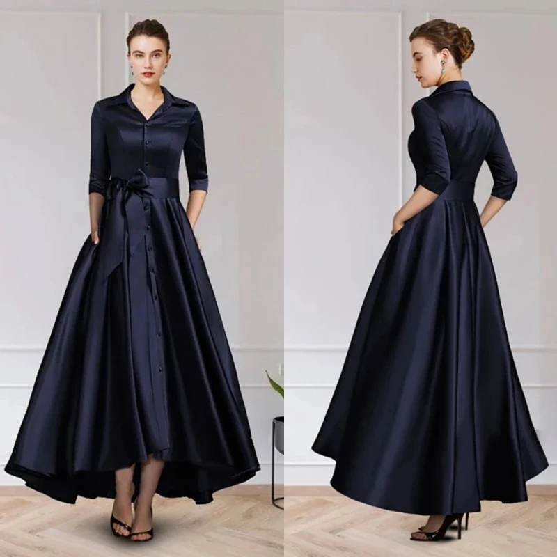 Top Trends: On Sale Charming Dark Navy Mother Of The Bride Dresses With 3 / 4 Sleeves V Neck Bow Belt Wedding Party Dresses High Low 2022 Shoppable Styles