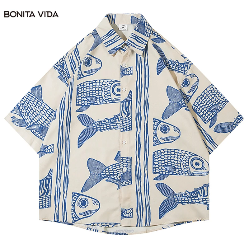 Top Trends: Oversize Men Hawaiian Shirt Summer Hip Hop Personalized Fish Print Cartoon Graphic Beach Shirts Short Sleeve Casual Women Blouse Shoppable Styles