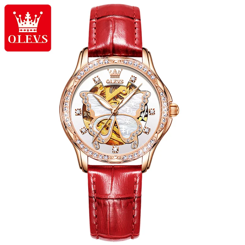 Top Trends: OLEVS Ladies Watches Butterfly Dial Top Brand Luxury Fashion Leather Women Automatic Mechanical Watch Waterproof Wristwatch Shoppable Styles