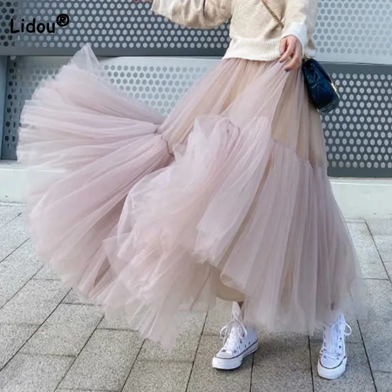 Top Trends: Korean All-match Female Solid Color Mesh Ball Gown Skirt Elegant Fashion Spliced High Waist Fairy Skirts Summer Women&#039;s Clothing Shoppable Styles