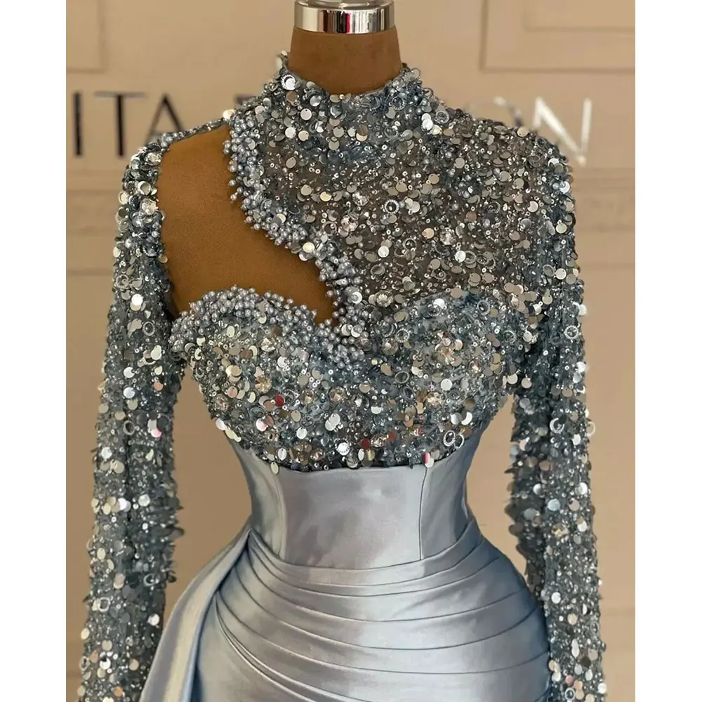 Top Trends: Shiny Sequined Mermaid Evening Dresses Women High Neck Shoulder Party Gown Hollowed Out Side Train Full Sleeve African Gala Robe Shoppable Styles - Image 3