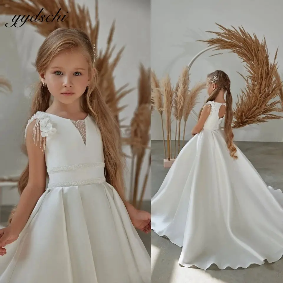 Top Trends: Simple White Flower Girl Dresses For Wedding 2023 3D Flowers Beaded Satin A-Line Pleated Birthday Pageant First Communion Gowns Shoppable Styles