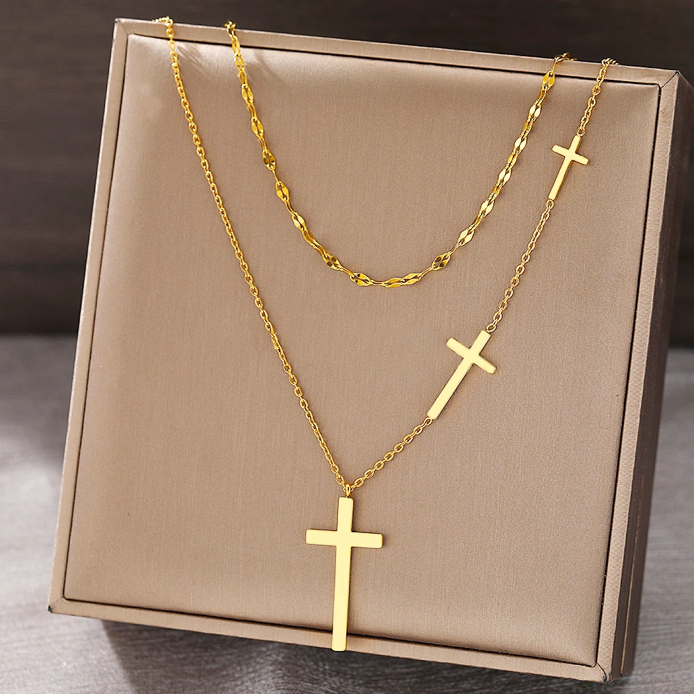 Top Trends: Stainless Steel Necklaces Cross Pendant Choker Multilayer Chain Double Stacked Wear Light Luxury Fine Necklace For Women Jewelry Shoppable Styles