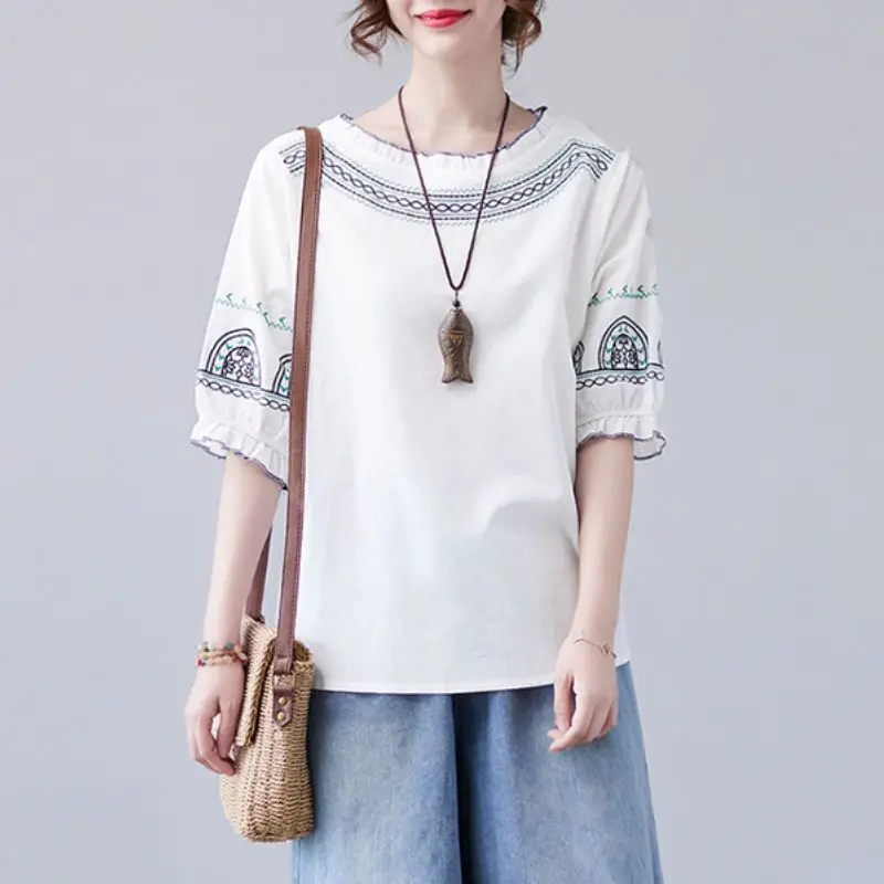 Top Trends: Retro Ethnic Style Embroidery Ruffle Chic Cotton Linen Ladies Tops Blouses Summer Round Neck Loose Half Sleeve Shirts For Women Shoppable Styles - Image 6