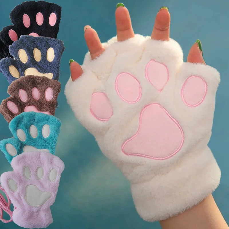 Top Trends: Cartoon Cute Cat Claw Paw Gloves Women Plush Mittens Warm Soft Plush Short Fingerless Fluffy Bear Cat Gloves Costume Half Finger Shoppable Styles