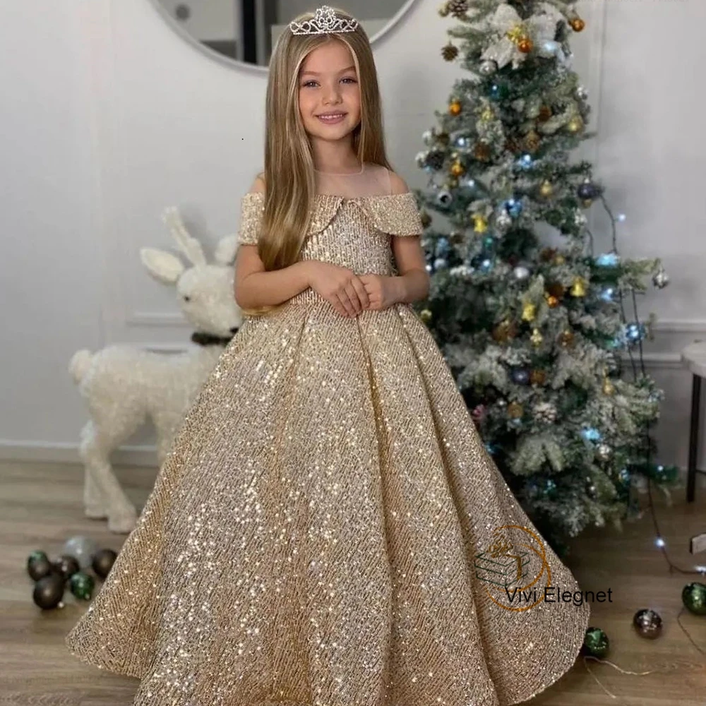 Top Trends: Gold Sequined Bitthday Communion Dresses Girls For Princess Summer Short Sleeve A Line Floor Length Ziper Back שמלת כלה לילדות Shoppable Styles