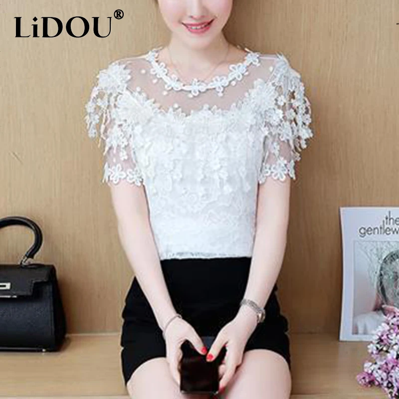 Top Trends: Summer New Elegant Fashion Lace Patchwork Hollow Out Blouse Female Short Sleeve Sweet Pullover Shirt Women Sexy All-match Top Shoppable Styles