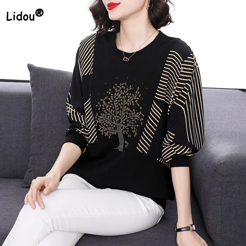 Top Trends: Fashion Loose Diamonds Spliced Pullovers T-shirt Spring Korean All-match Long Sleeve Solid Printed Tops Women's Clothing Shoppable Styles