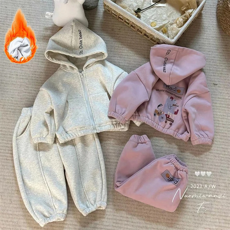 Top Trends: Children&#039;s Fleece Suit Tracksuit Set For Boy Girl Baby Clothes Fall Sweatshirt Cartoon Bear Print Zipper Hoodie Pants Sportwear Shoppable Styles