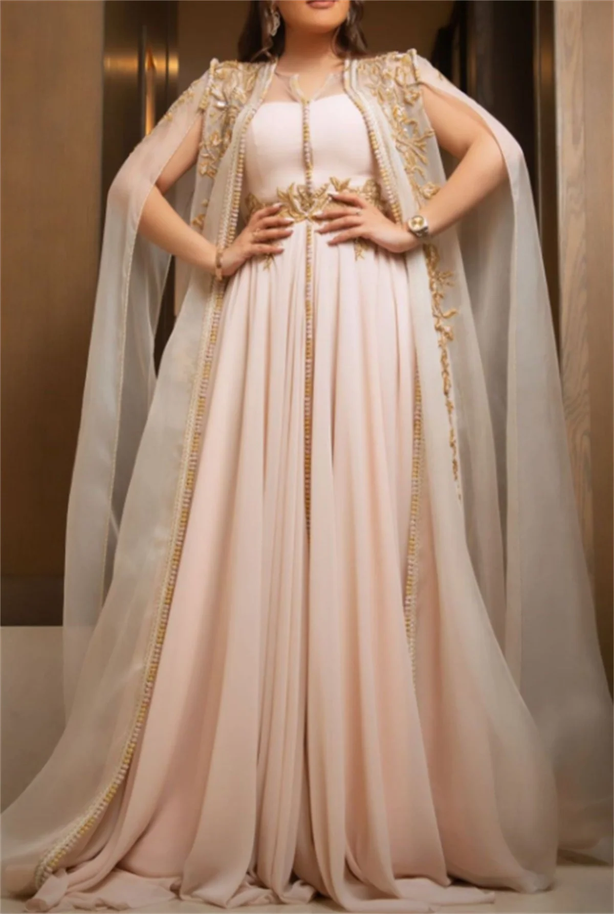 Top Trends: Luxury Pink Prom Dresses V Neck Beaded Lace With Belt Chiffon Fabric Elegant Cape Sleeves To Floor Length Muslim Style Evening Shoppable Styles