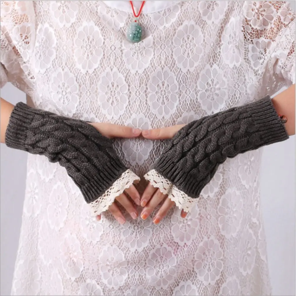 Top Trends: Lace Stitching Half Finger Gloves Winter Warm Knitted Wool Fingerless Gloves For Women Short Wrist Warmer Shoppable Styles - Image 3