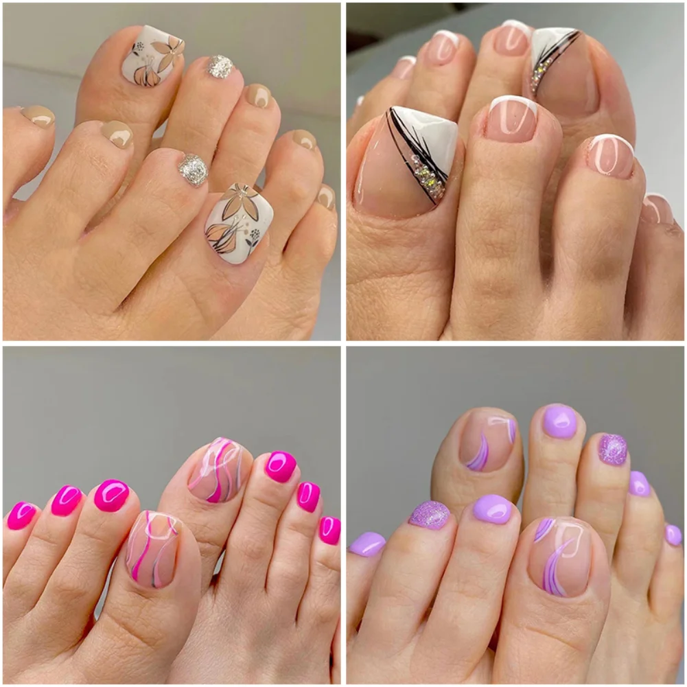 Top Trends: 24P Fake Toenails With Glue French Line Glitter False Toe Nails Art Detachable Press On Toenails Acrylic Butterfly ToeNails Tips Shoppable Styles