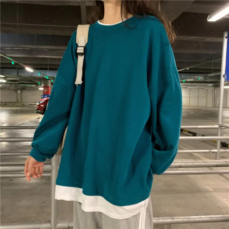 Top Trends: Fake Two-piece Hoodie Loose BF Harajuku Lazy Style Spring Autumn New Long Sleeve Solid T Shirt Tops Casual Fashion Women Clothes Shoppable Styles