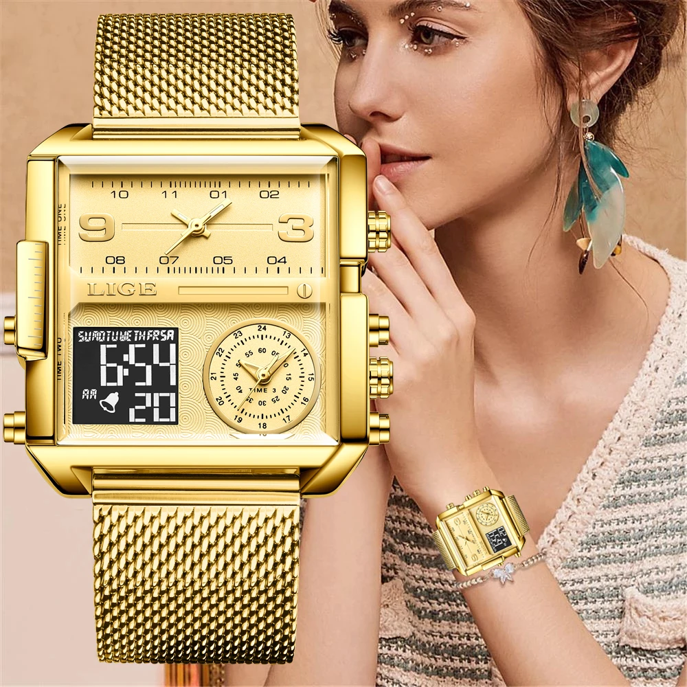 Top Trends: LIGE 2023 New Gold Watch Women Top Brand Luxury Creative Square Watches Ladies Fashion Dual Display Watch Relogio Feminino+ BOX Shoppable Styles