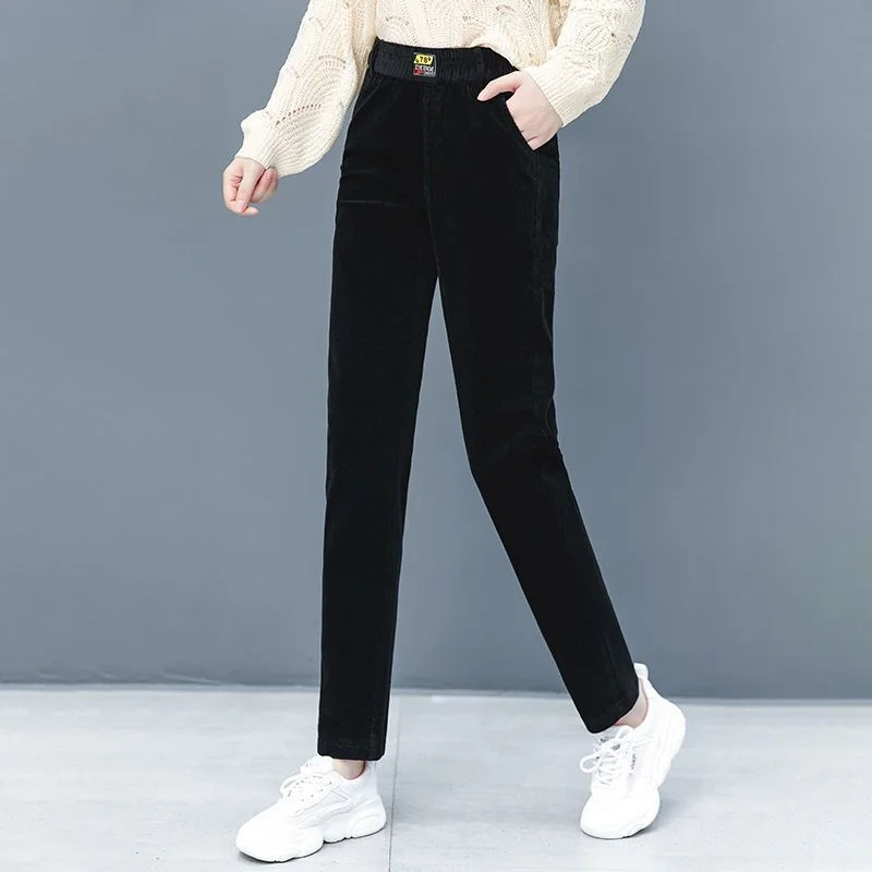 Top Trends: Korean Fashion Women Corduroy Slim Pencil Pants Autumn Winter Fleece Thicken Versatile Elastic High Waist Solid Warm Trousers Shoppable Styles