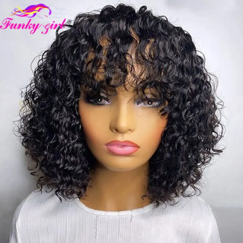 Top Trends: Short Curly Bob Human Hair Wig With Bangs Pixie Bob Cut Glueless Wigs Water Wave Full Machine Natural Black Cheap Wigs For Women Shoppable Styles