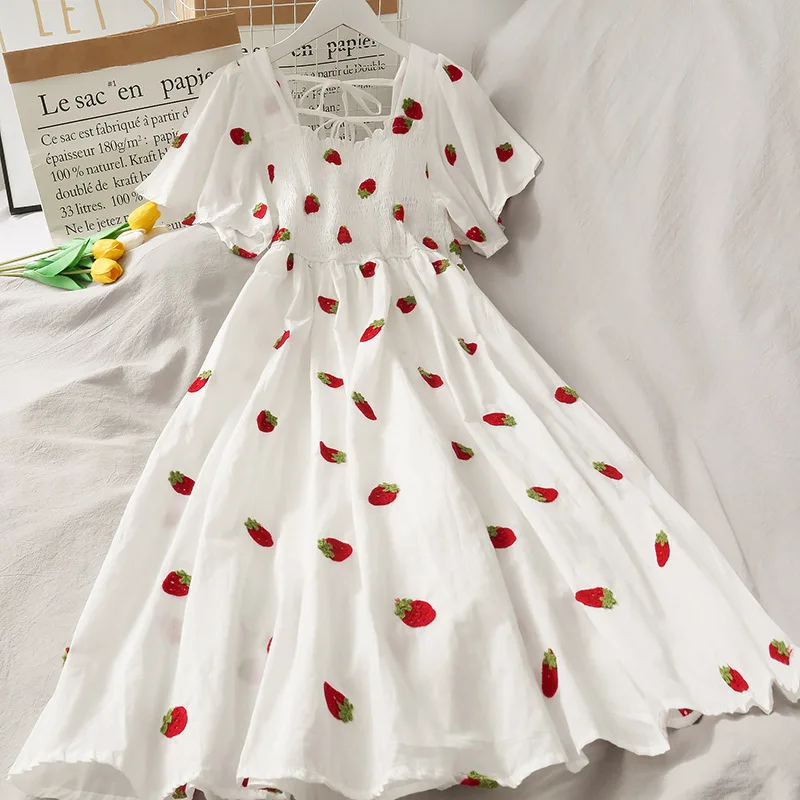 Top Trends: Vintage Kawaii Strawberry Dress Women Sexy Ruffle Puff Sleeve Off Shoulder Embroidery Summer Party Dresses 2023 Korean Elegant Shoppable Styles