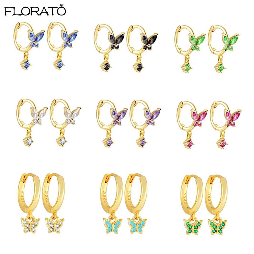 Top Trends: 925 Sterling Silver Ear Needle Cute Crystal Butterfly Pendant Hoop Earrings For Women Colorful Flower Earrings Fashion Jewelry Shoppable Styles