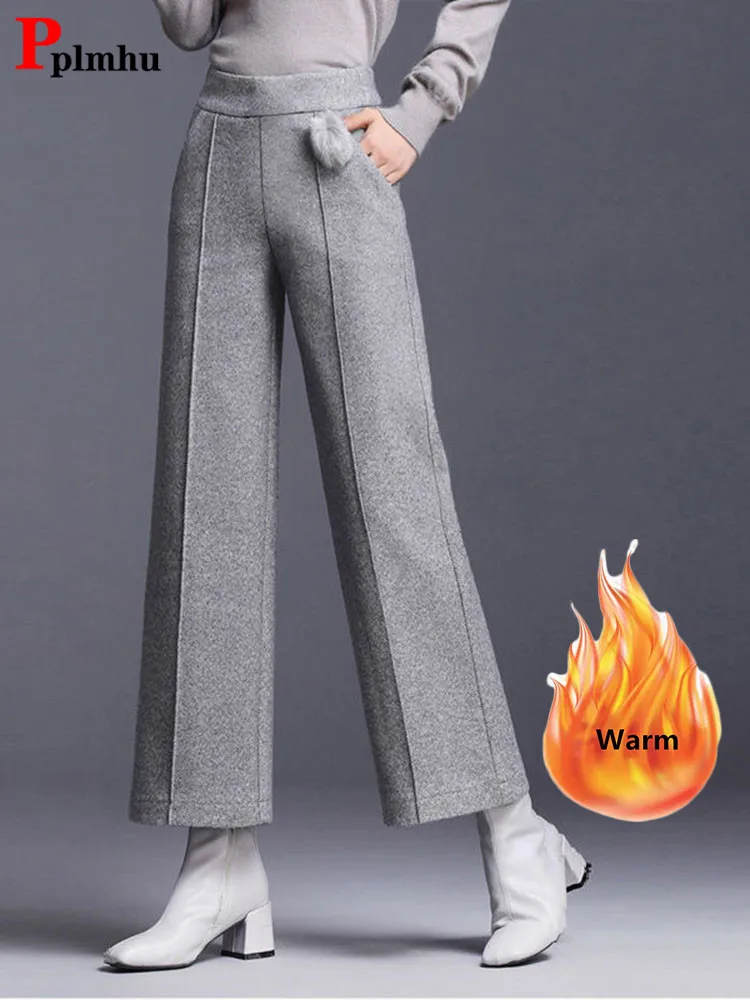 Top Trends: Elegant Woolen Blend Wide Leg Pants Office Lady High Waist Straight Pantalones Autumn Winter Ankle Length Big Size 4xl Trousers Shoppable Styles