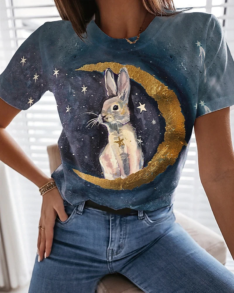 Top Trends: Fashion Women&#039;s T-shirt With Cute Rabbit Graphic 3D Printed Short Sleeve Summer T-shirt Oversized Polyester Fiber Clothing Shoppable Styles