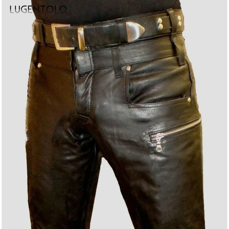 Top Trends: Men PU Pants Black Faux Leather Zipper Casual Trousers Large Size Mid Waist Straight Street Mens Clothing Shoppable Styles