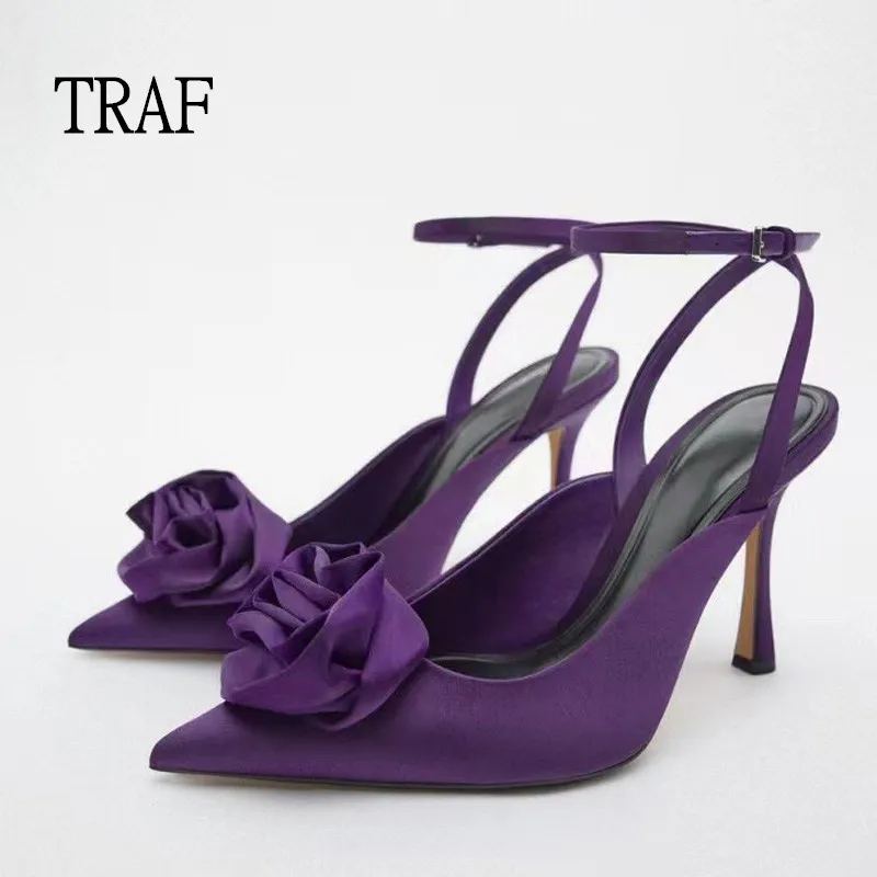 Top Trends: TRAF Purple High Heeled Women Pumps Summer 2024 Elegant Floral Ankle Lace-up Heeled Women Shoes Slingback Party Prom Shoes Lady Shoppable Styles