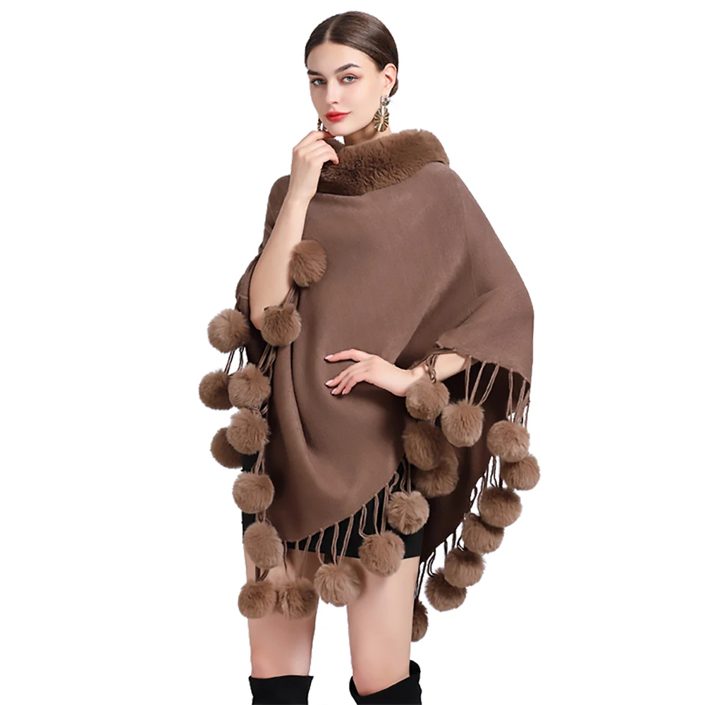 Top Trends: Women Cashmere Feel Poncho Lady Rex Rabbit Faux Fur Collar Pullover Coat Autumn Warm Cloak With Rabbit Hair Ball Knitted Shawl Shoppable Styles