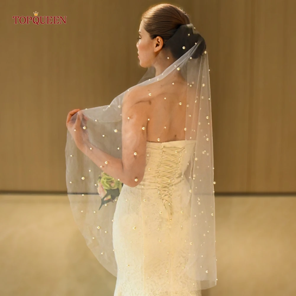 Top Trends: TOPQUEEN V01 Bridal Pearl Veil With Different Size Of Pearls Soft Italian Tulle Veil Wedding Veil Long Luxury Beading Shoppable Styles