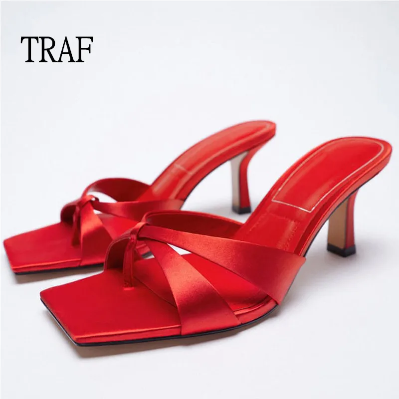 Top Trends: TRAF 2024 Summer Women Red Heeled Sandals Casual Chunky Roman Sandals With Heel Woman Satin Green Peep Toe Block Heel Sandal Shoppable Styles