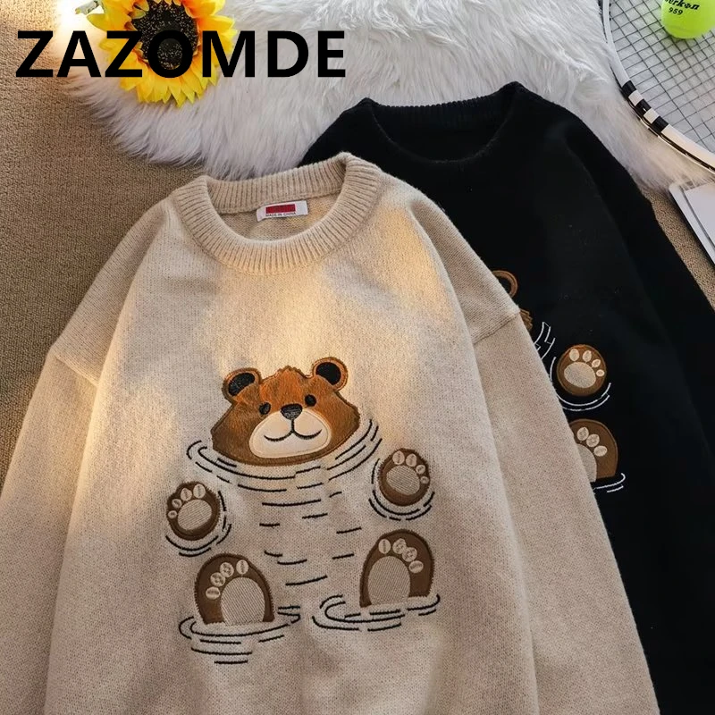 Top Trends: ZAZOMDE Knitted Sweater Men Cartoon Bear Pullover Harajuku Casual O-neck Oversize Top Streetwear Unisex Daily Sweater Jumper Shoppable Styles