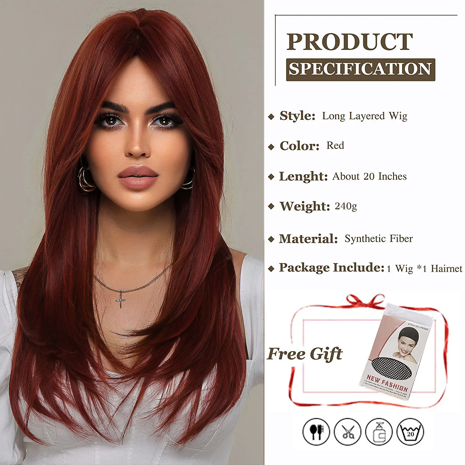 Top Trends: LOUIS FERRE Red Layered Synthetic Hair Wig Long Red Straight Wigs With Bangs Soft Natural Daily Party Use Heat Resistant Fiber Shoppable Styles - Image 2