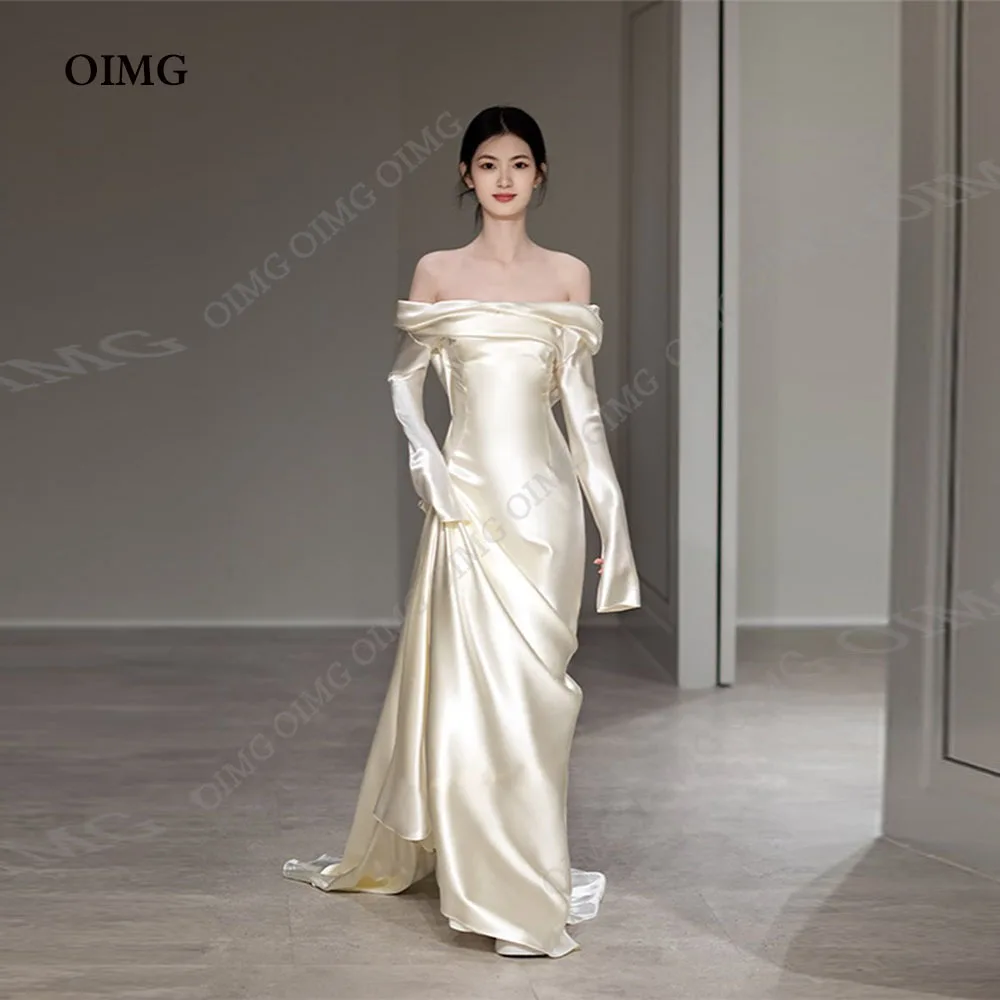 Top Trends: OIMG Floor Leagth ASatin A Line Wedding Dress For Women 2023 Off Shoulder Bride Gowns Long Sleeve Simple Vestido De Mariages Shoppable Styles