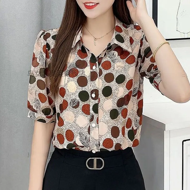 Top Trends: Office Lady Korean Polka Dot Shirt Women's Clothing Casual Single-breasted Summer New Turn-down Collar Loose Short Sleeve Blouse Shoppable Styles