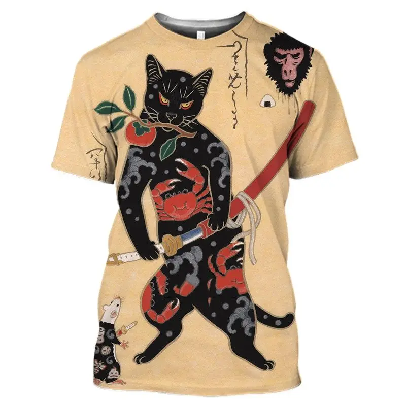 Top Trends: 2022 Retro T-shirt Men Women Samurai Cat Tattoo Shirt For Men 3d Print Cool Classic Art Shirt For Summer Round Collar Tops Tees Shoppable Styles